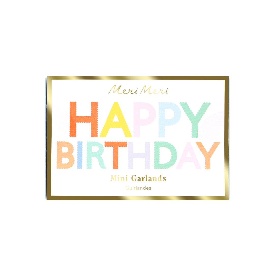 Our birthday garland set includes one that spells out Happy Birthday and another with flag pennants, in bright colours.