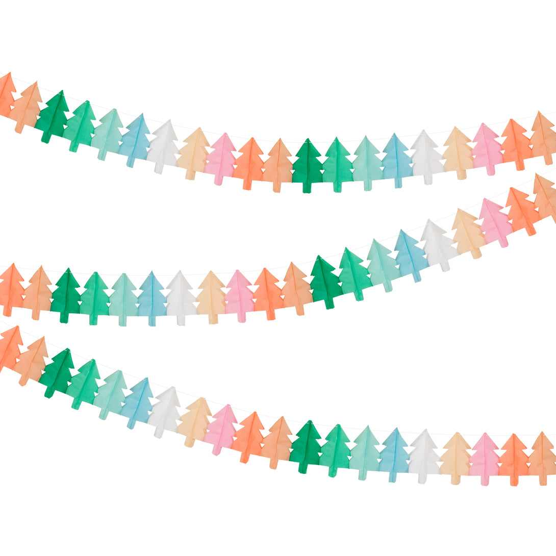 Our hanging Christmas decorations feature tissue paper Christmas trees in lots of colours for a merry and bright look.