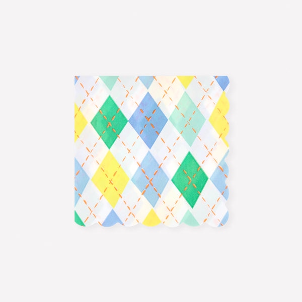 Our small paper napkins feature a colourful argyle pattern, ideal for tennis parties, golf parties and birthdays, for a practical and decorative look. Image1