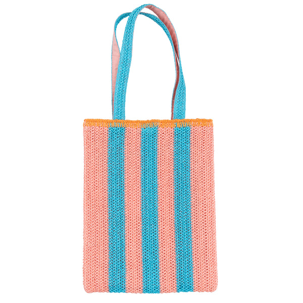Our raffia bag, made from paper based raffia with pink and blue stripes, and an orange border, has the word Happy embroidered on the front. Image6