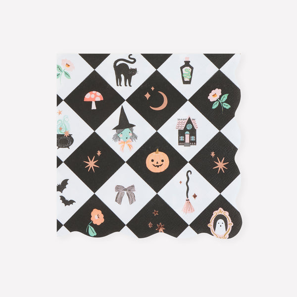 Our Halloween napkins, in a large size and made from 3-ply paper, a fun vibrant design with happy character and icons for a playful look. Image1