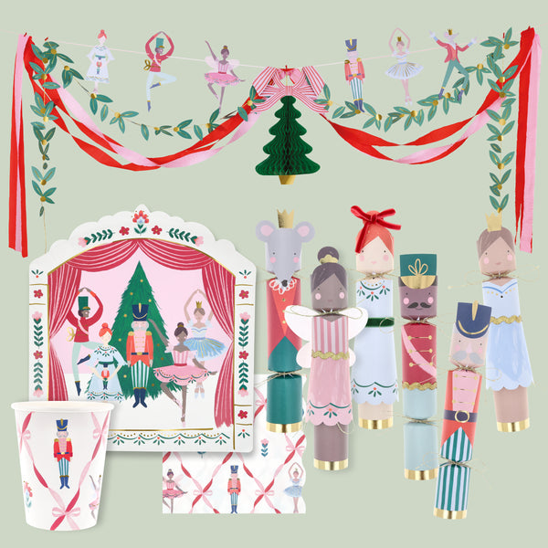 Enjoy a Nutcracker Ballet Christmas with our paper plates, cups, napkins, crackers and garland, all featuring iconic Nutcracker characters.