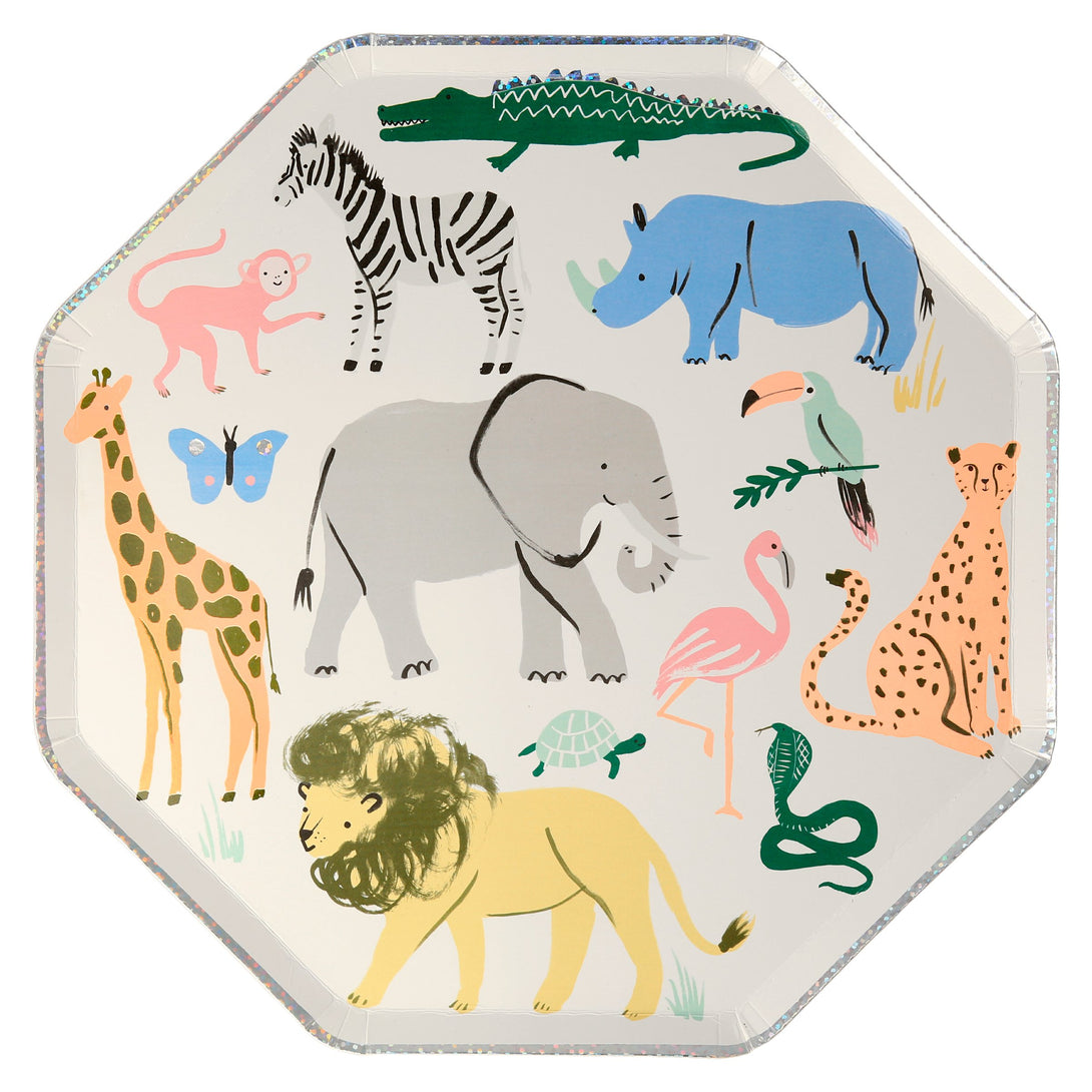 Our safari birthday party collection contains plates, party hats, cups. napkins and a party garland.