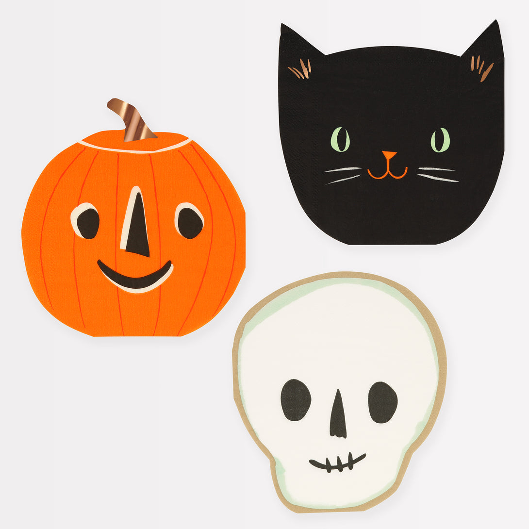 Our Halloween paper napkins are cleverly designed in the shape of a black cat, pumpkin and skull for a fabulous effect.