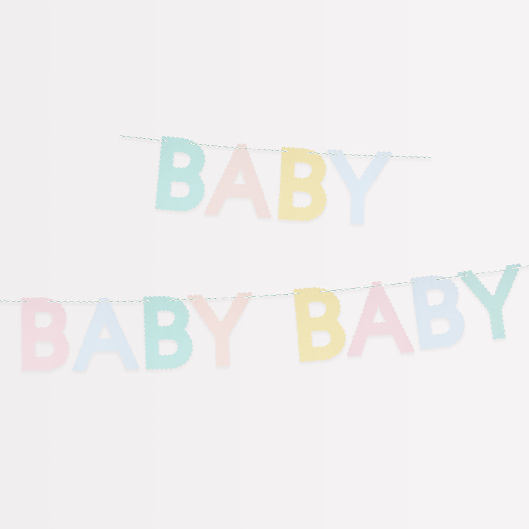 Our pastel paper garland, with the words baby, baby, baby, is ideal for your baby shower.