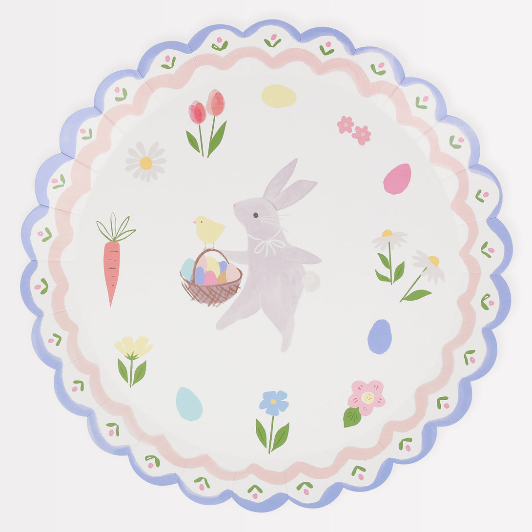 Our Easter paper plates have an Easter bunny and cute chick design with a pretty scalloped edge.