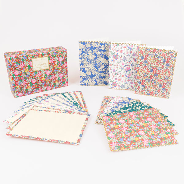 Our Liberty notecards, a set of 10 with 5 vibrant print designs, are beautifully presented in a Lberty print design box, a delightful gift. Image1