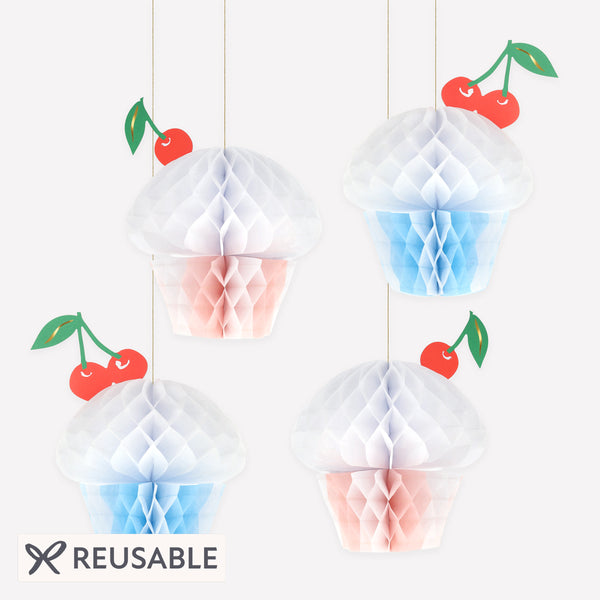 Our paper cupcakes, made from 3D honeycomb, are the sweetest birthday decorations, simply hang wherever you want a special touch. Image1