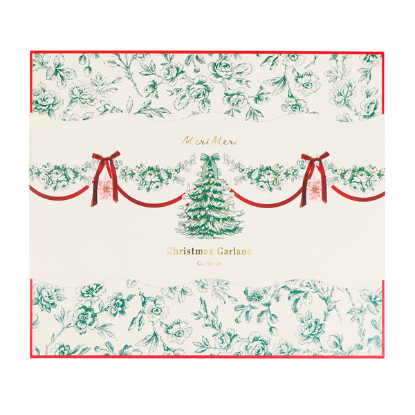Our Christmas garland has paper foliage, pinwheels and a decorative tree, all with an elegant Toile de Jouy print, topped with ribbon bows. Image4
