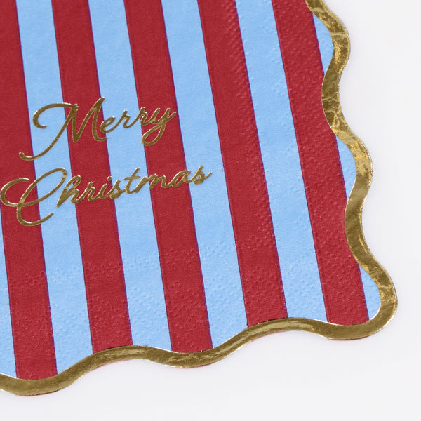 Add joyful cheer to your Christmas dinner or parties with the Christmas paper napkins with bold stripes, scalloped edges and shiny gold foil. Image3