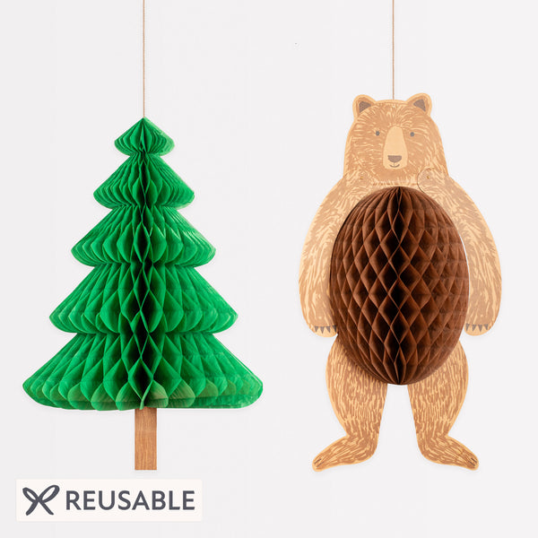 Our giant hanging decorations are made in the shape of a 3D tree and bear, perfect for a camping party. Image1