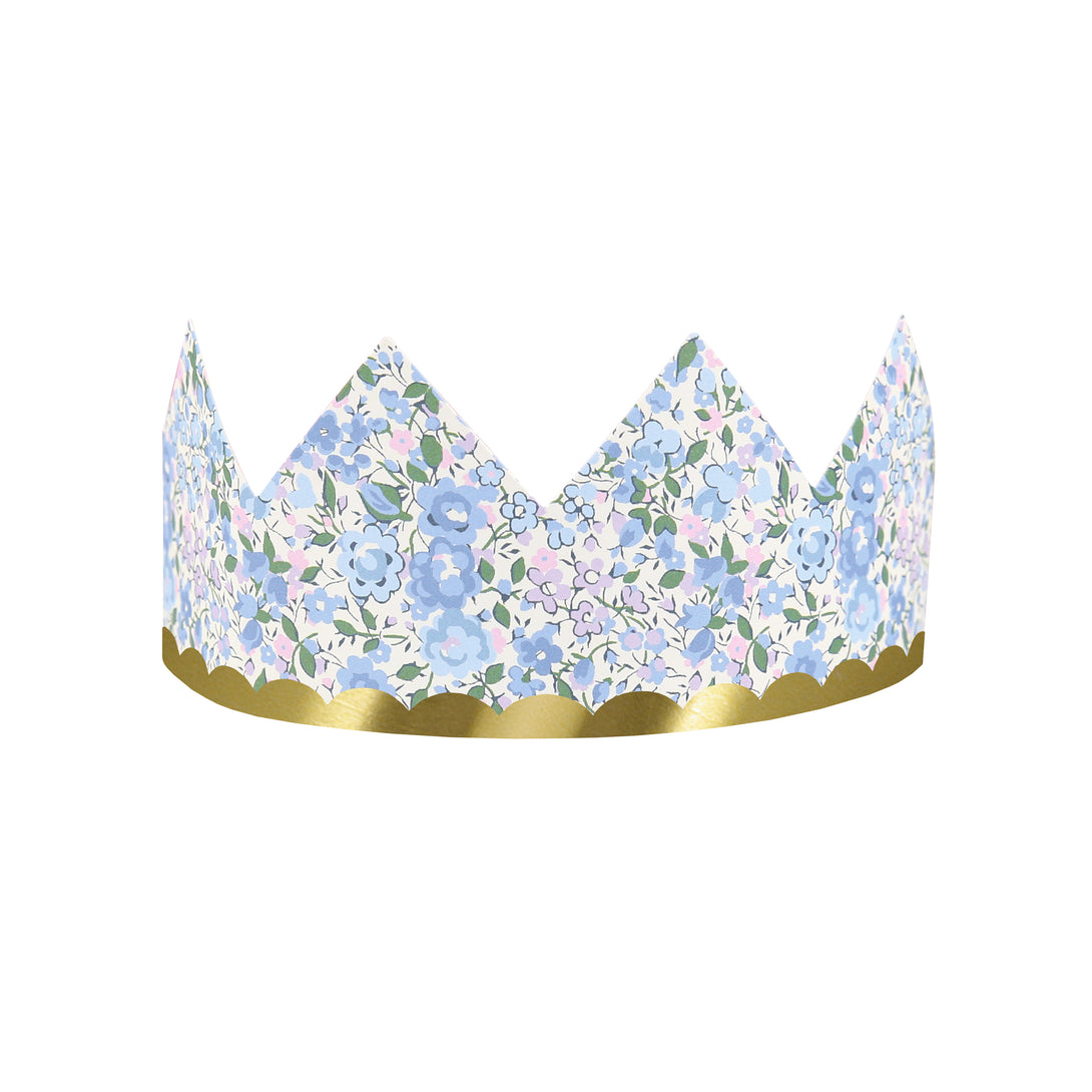 Our sophisticated paper hats are crowns with Liberty print designs, pink ribbons and gold foil, perfect for bridal showers and baby showers.