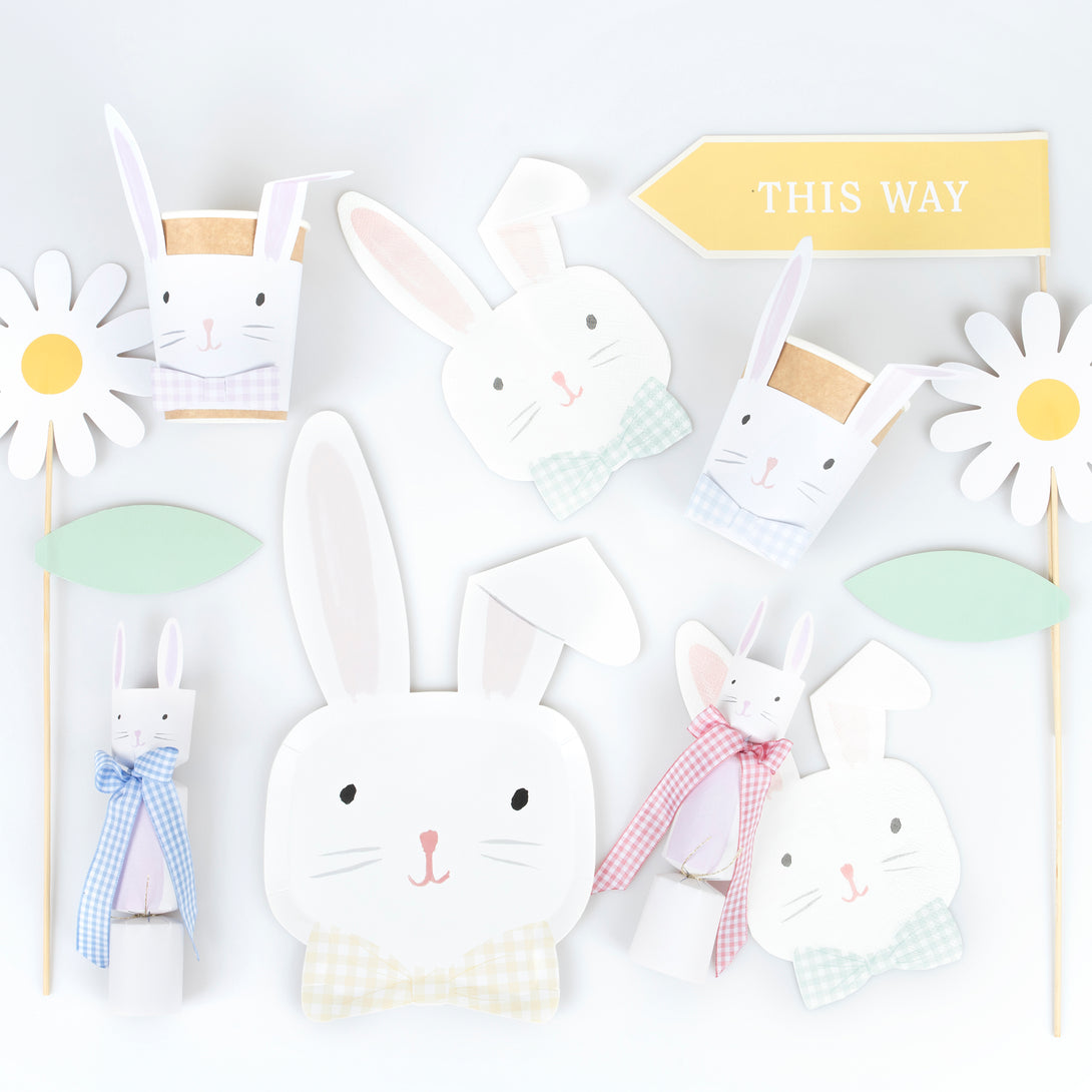 Our party cups, perfect for Easter dinner, feature cute bunnies with on-trend gingham bows.