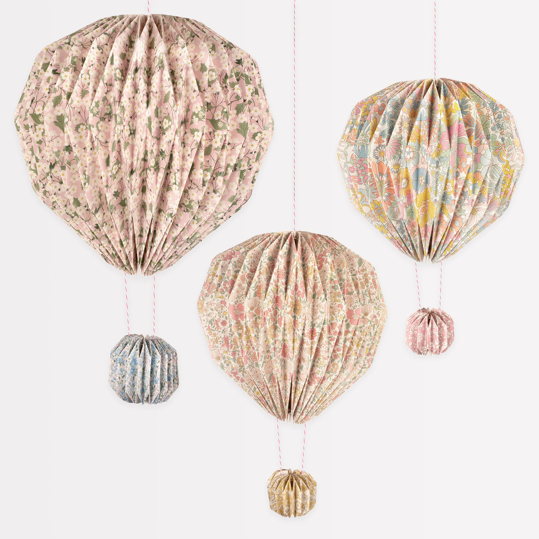 Our balloon decor set of 3 are fabulous paper decorations for hanging at parties or in the home, made with Liberty floral print designs.