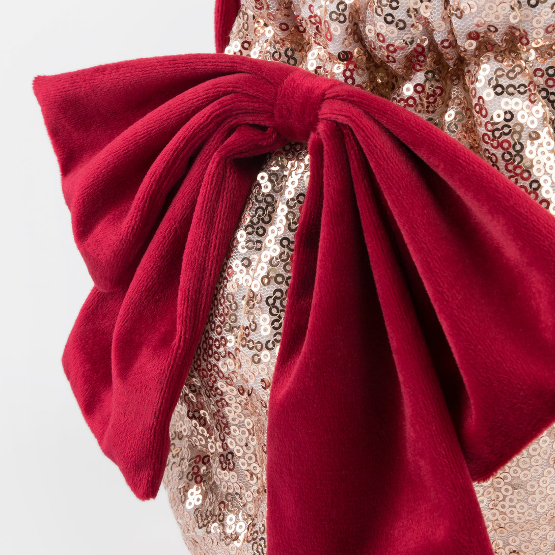 Our Christmas bag is the perfect accessory for Christmas dress up, with pink sequinned tulled and a big red velvet bow.