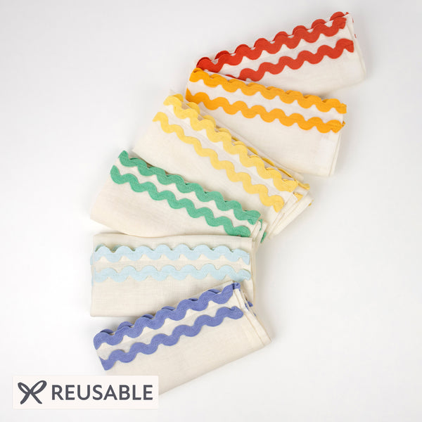 Our linen napkins are designed as reusable napkins, and have ric rac details. Image1