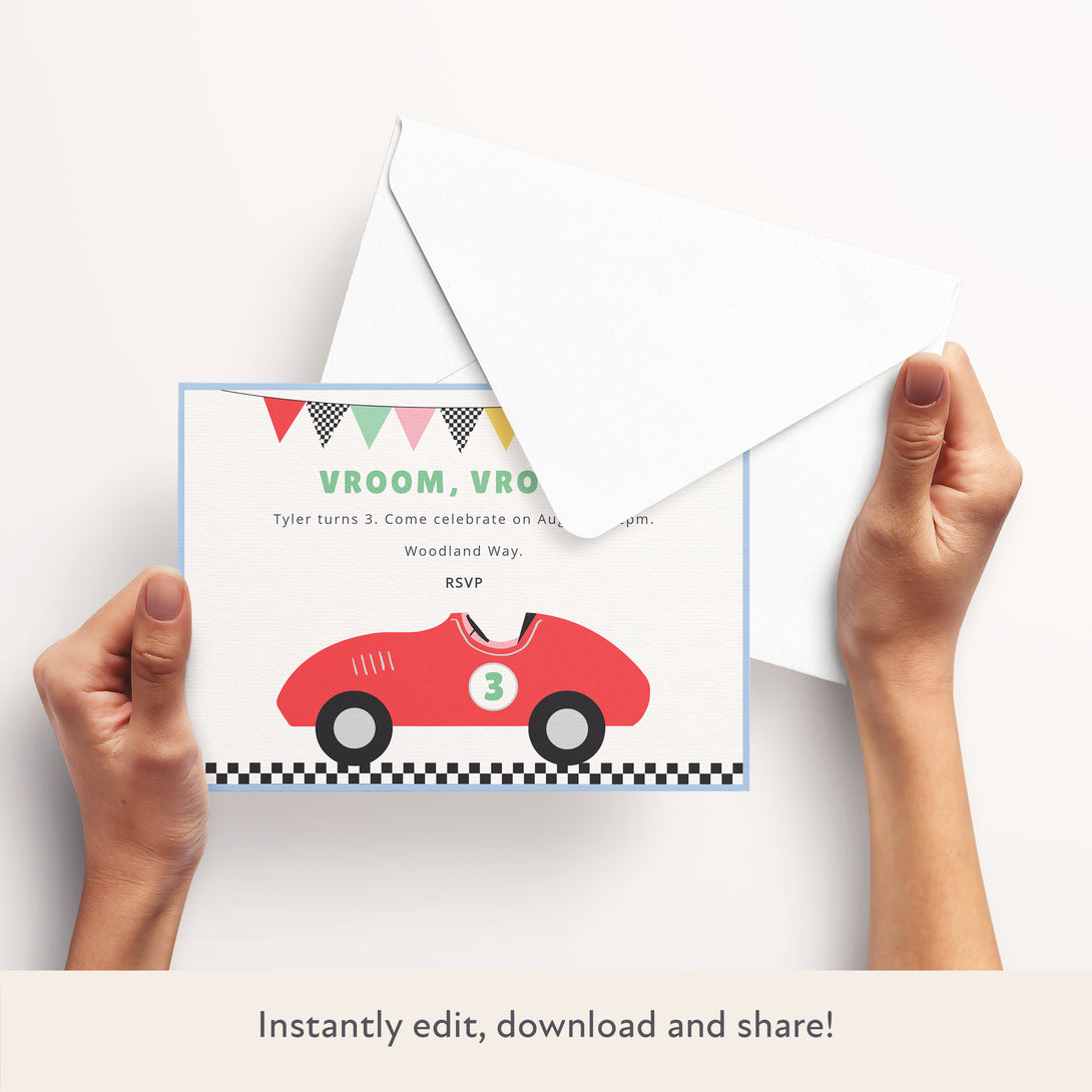 Invite family and friends to your race car party with our wonderful digitval party invitation with car designs.