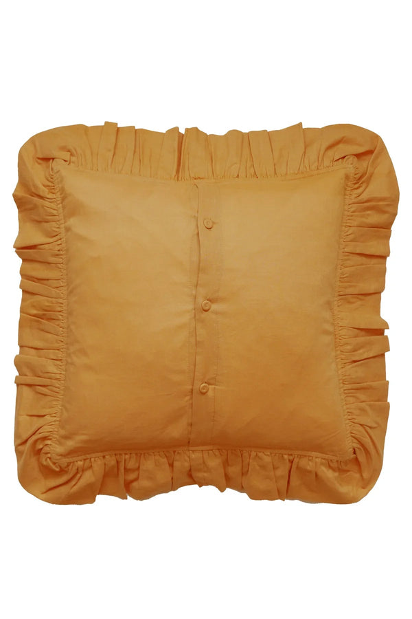 Turmeric Embroidered Ruffle Cushion made with Linen Liberty Fabric