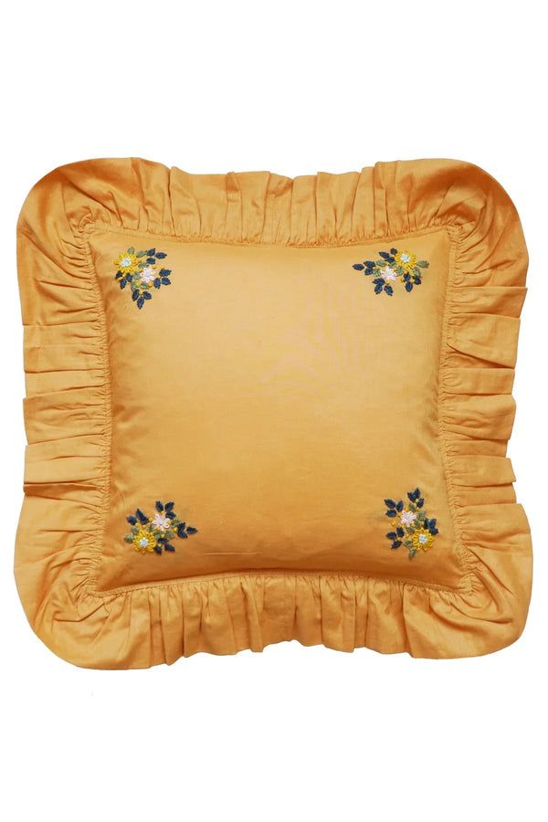 Turmeric Embroidered Ruffle Cushion made with Linen Liberty Fabric