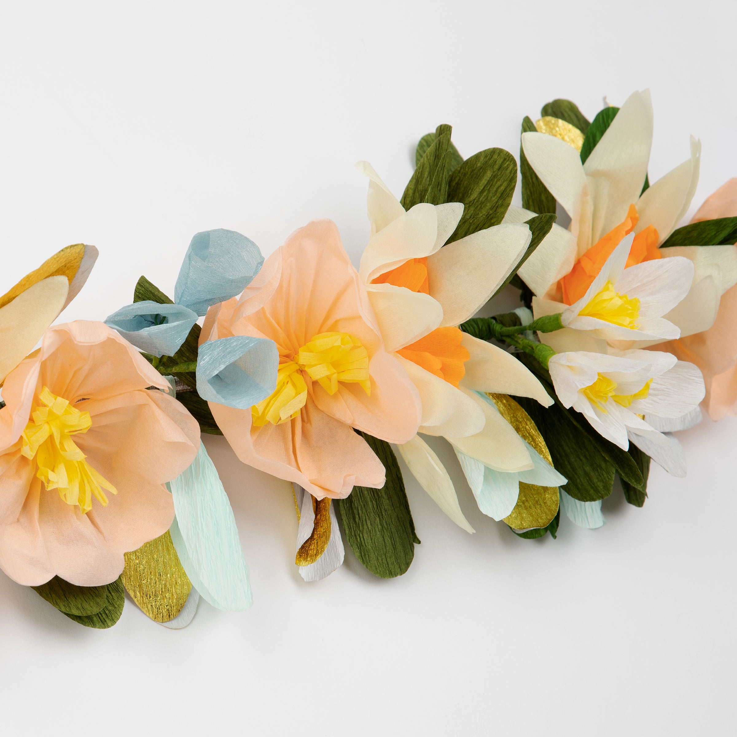 Our beautiful paper flower garland is made with crepe paper flowers and leaves and has a gorgeous gingham ribbon.