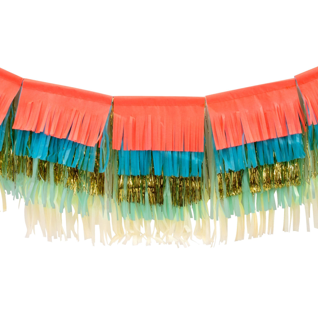 Our paper garland is pre-strung on ivory cord and has colorful paper and foil fringing to make any party room look amazing.