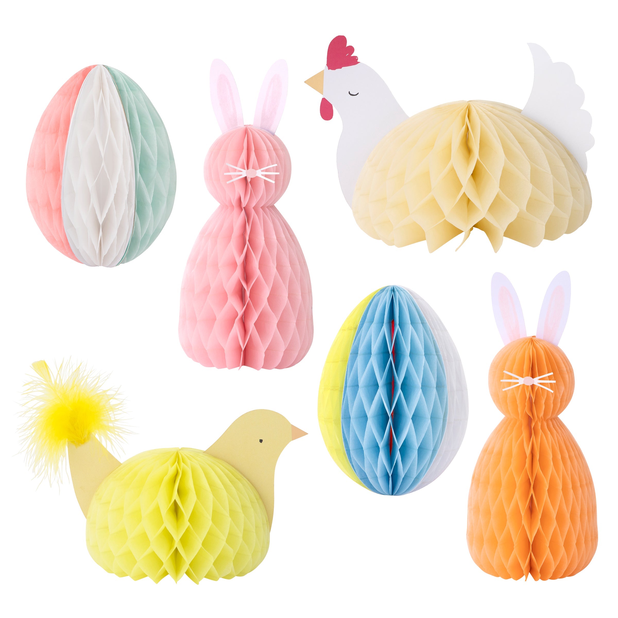 Our honeycomb decorations with chick decorations, bunny decorations and Easter egg decorations, are perfect for an Easter party.
