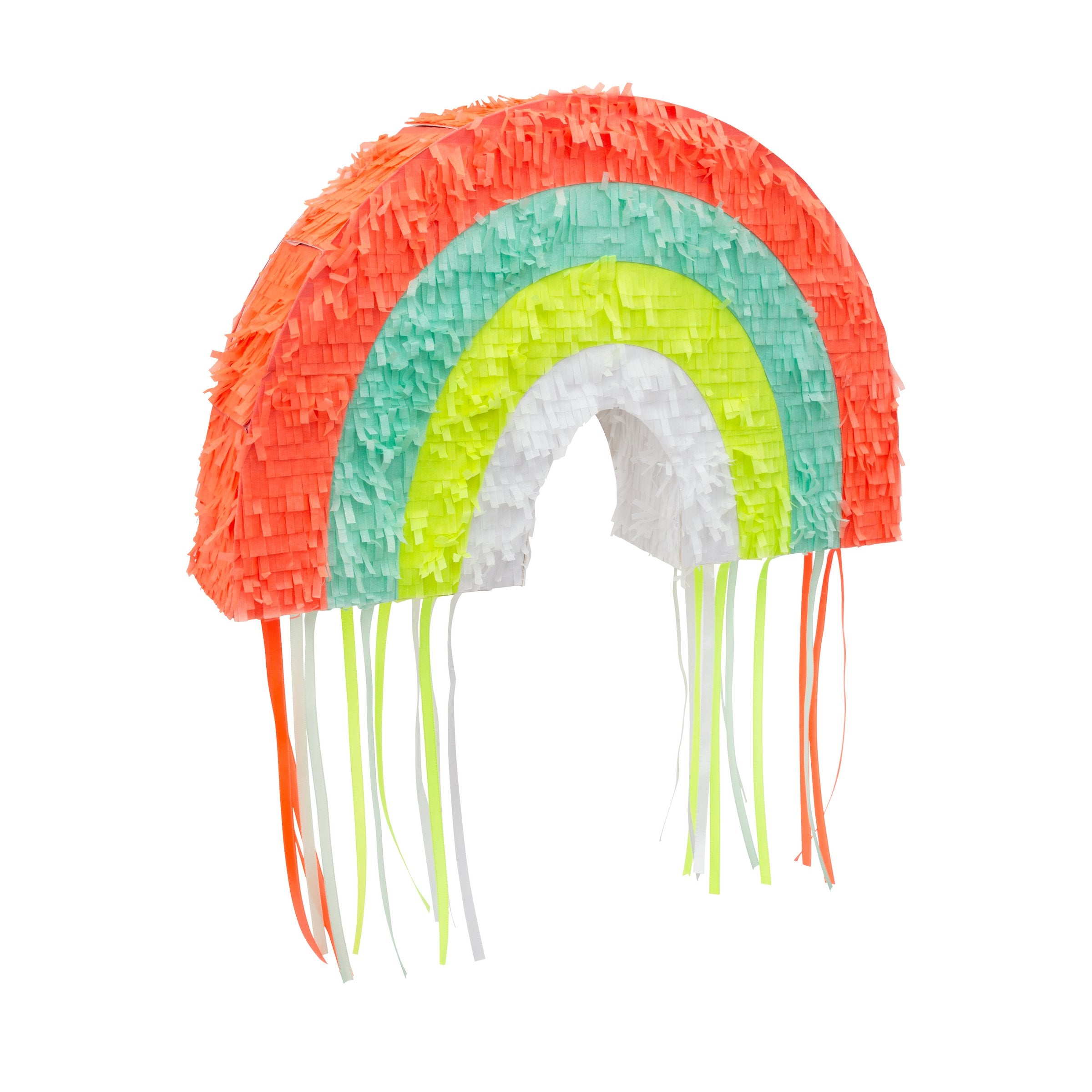 This rainbow pinata is beautifully decorated with colourful stripes and hanging ribbons.
