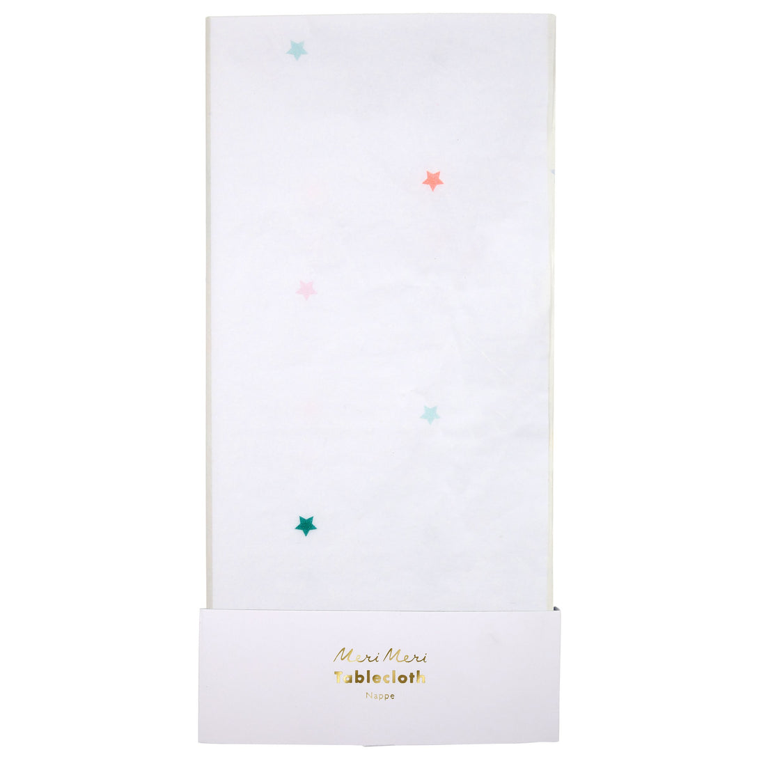 This paper tablecloth is covered with bright stars, perfect for colourful party tableware.