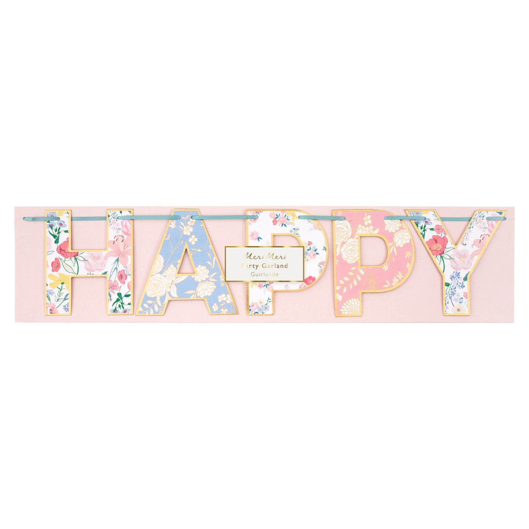 Our party garland spells out the words Happy Birthday with pretty floral designs.