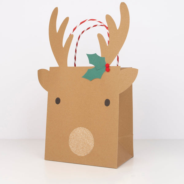 Our luxury gift bags for Christmas, in the shape of reindeer, are really special.