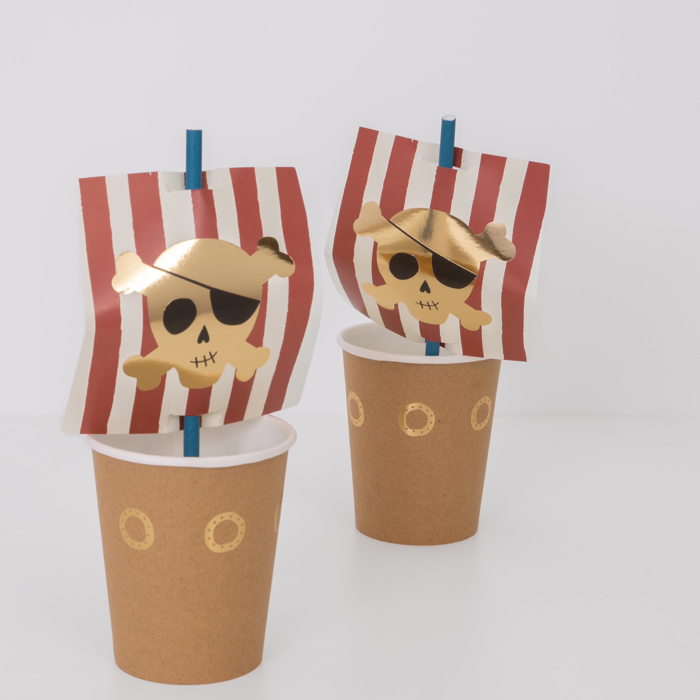 Our paper cups come with paper straws and a pirate sail, perfect for a pirate birthday party.