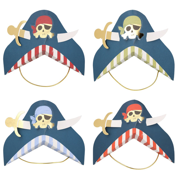 Our pirate hats, with skulls and crossbones and swords, are really special party hats for a pirate party. Image5