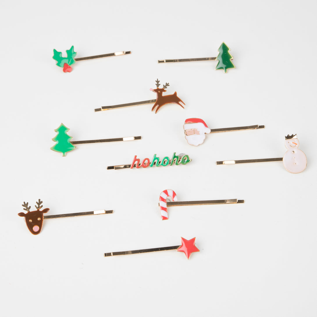 Our Christmas hair accessories, with enamel Christmas icons and gold tone slides, make a wonderful Christmas gift for girls.