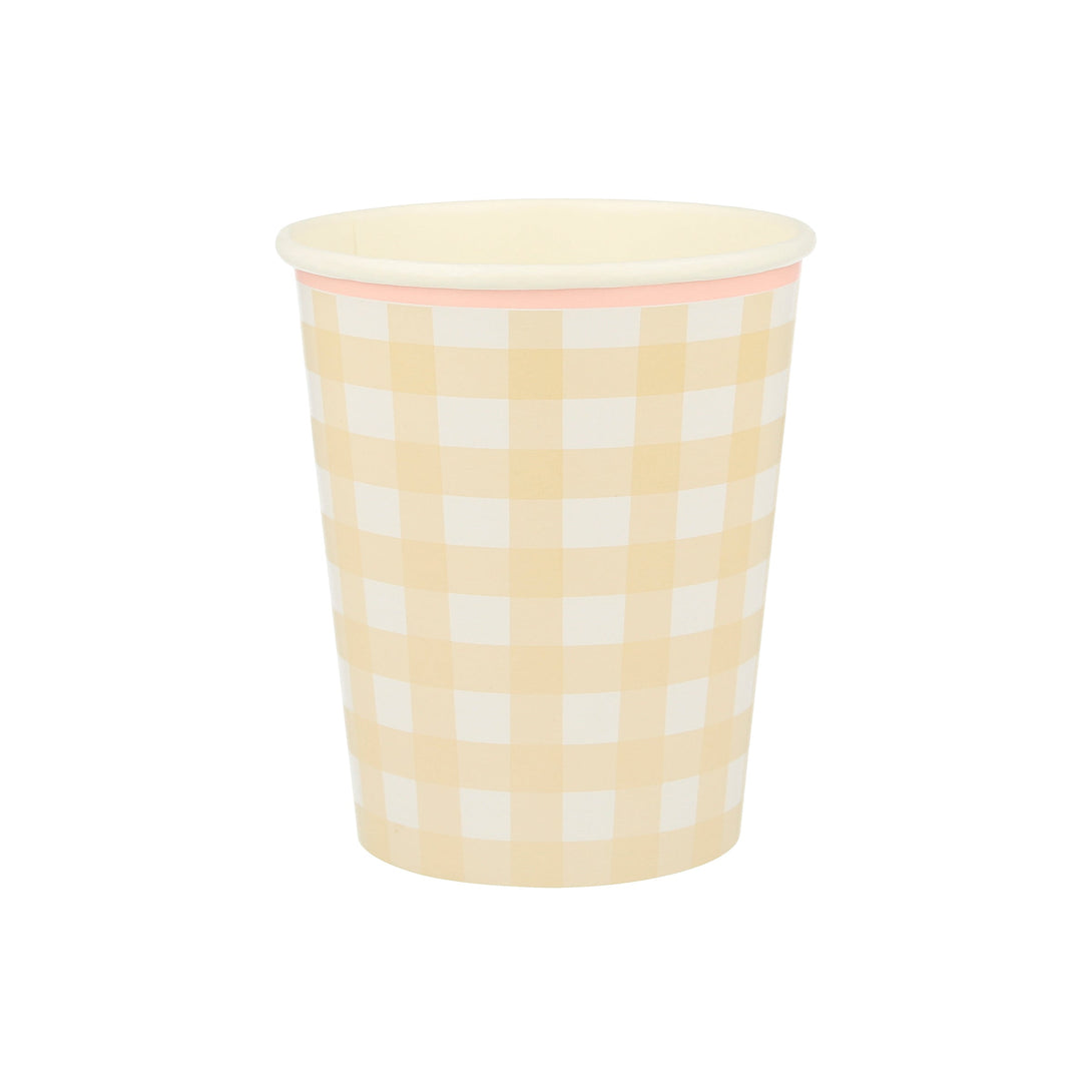 Our paper cups, with a classic gingham print, are perfect as picnic cups.