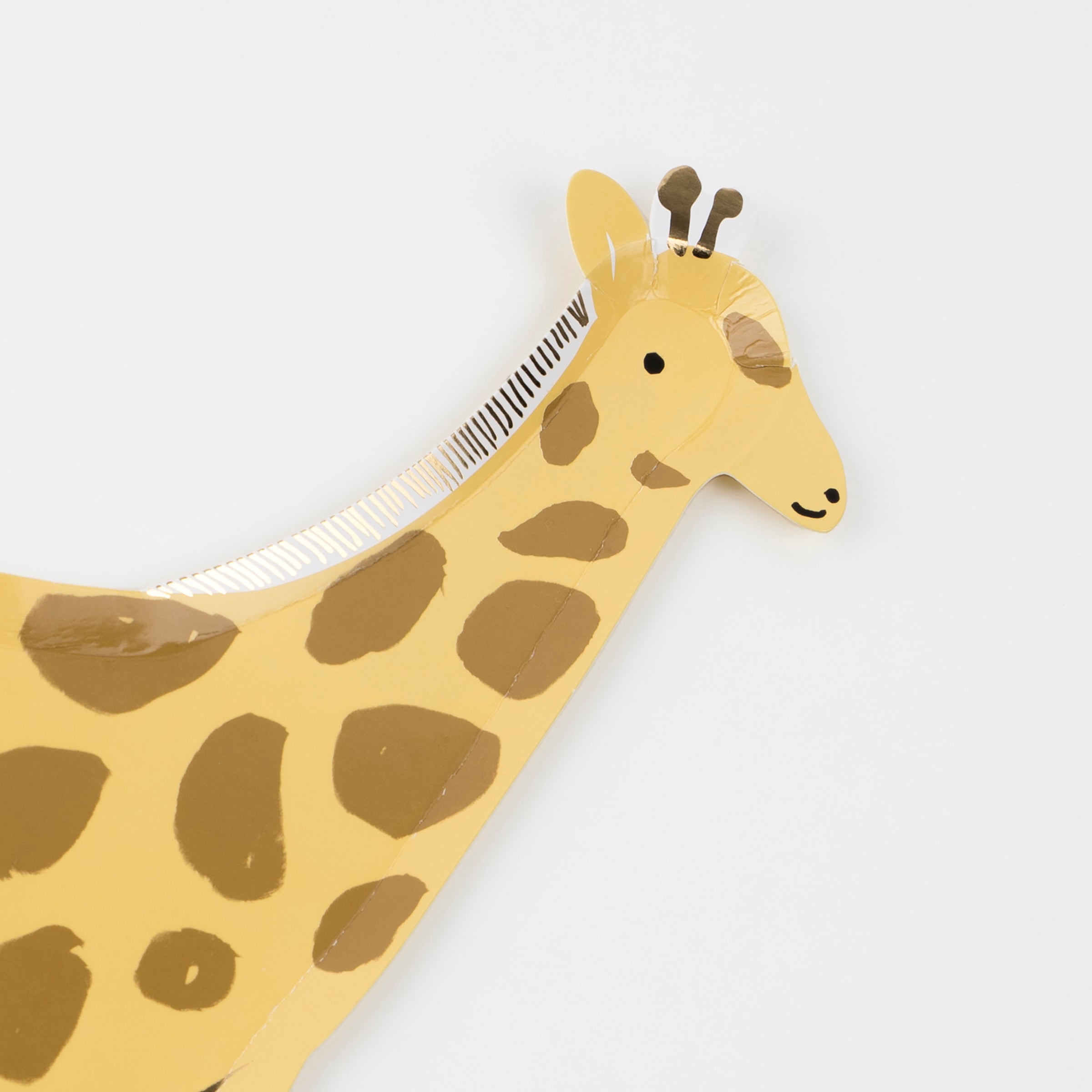 If you're having a safari birthday party you'll love our paper plates in the shape of giraffes with shiny gold foil details.