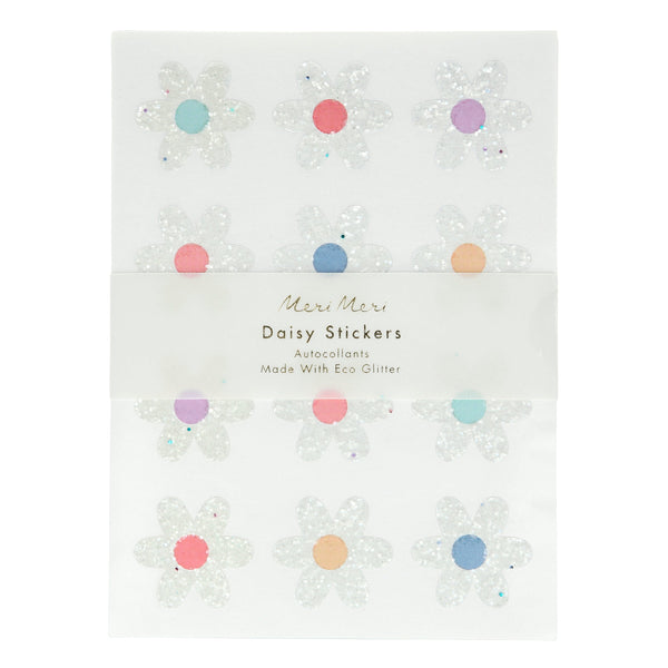 These glittery flower stickers have colourful centres and look amazing as notebook decorations.