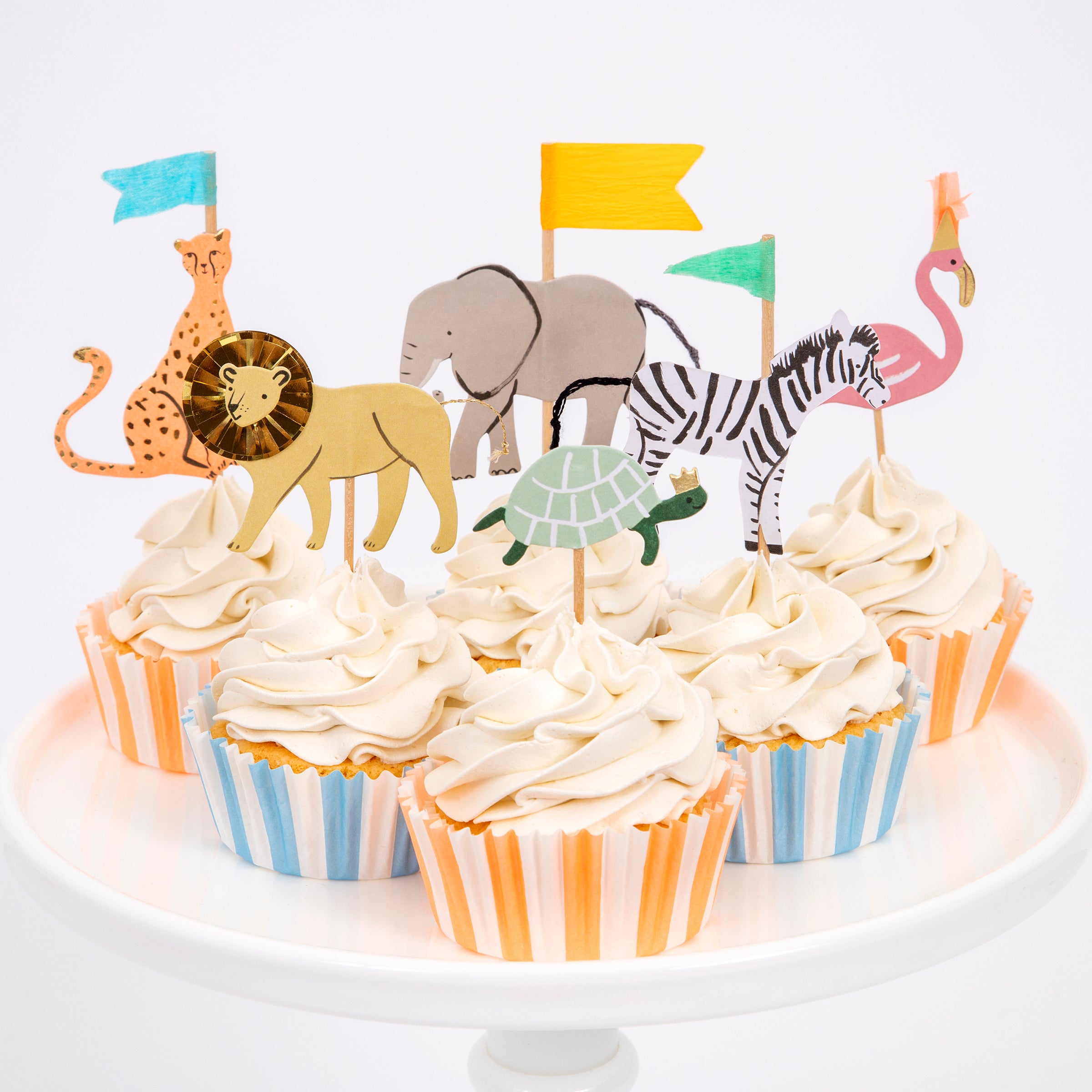 This cupcake kit, with safari animal cake toppers and striped cupcake cases, is perfect for a safari party.