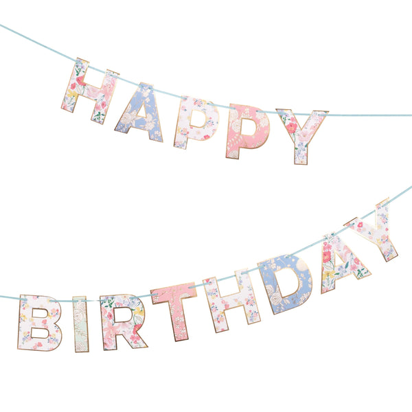 Our party garland spells out the words Happy Birthday with pretty floral designs.