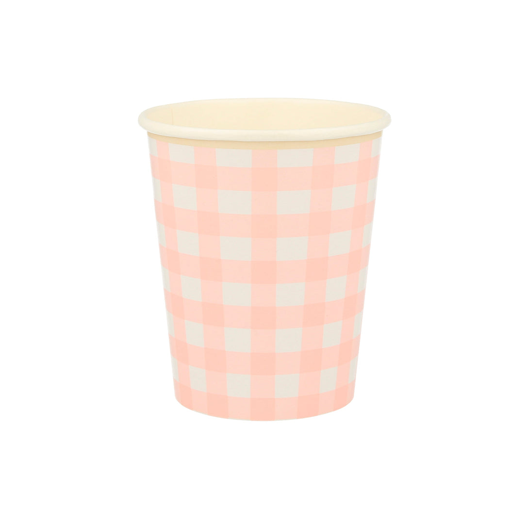 Our paper cups, with a classic gingham print, are perfect as picnic cups.