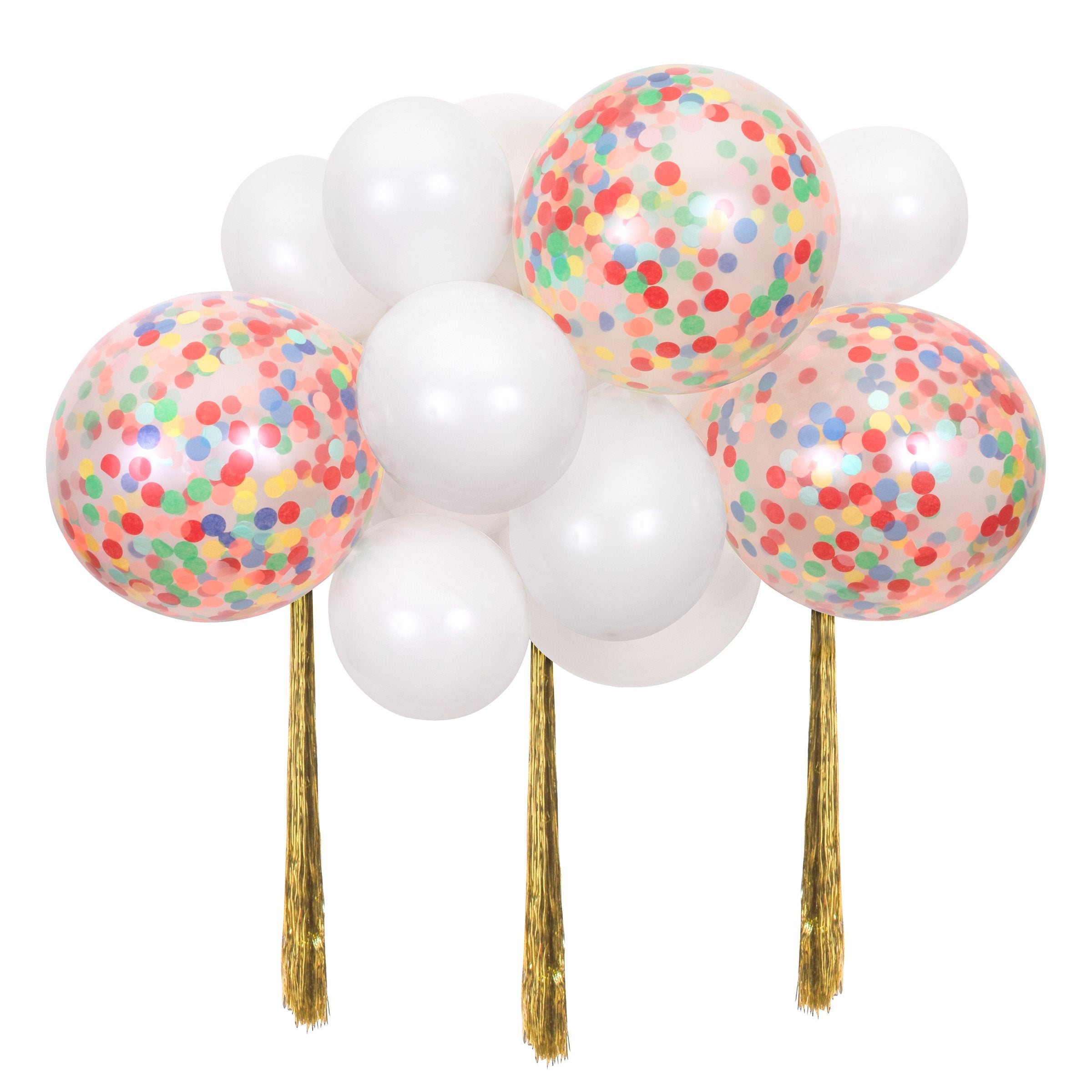This wonderful balloon cloud kit has 14 balloons, 4 of which are pre-filled with confetti, and three gold streamers.