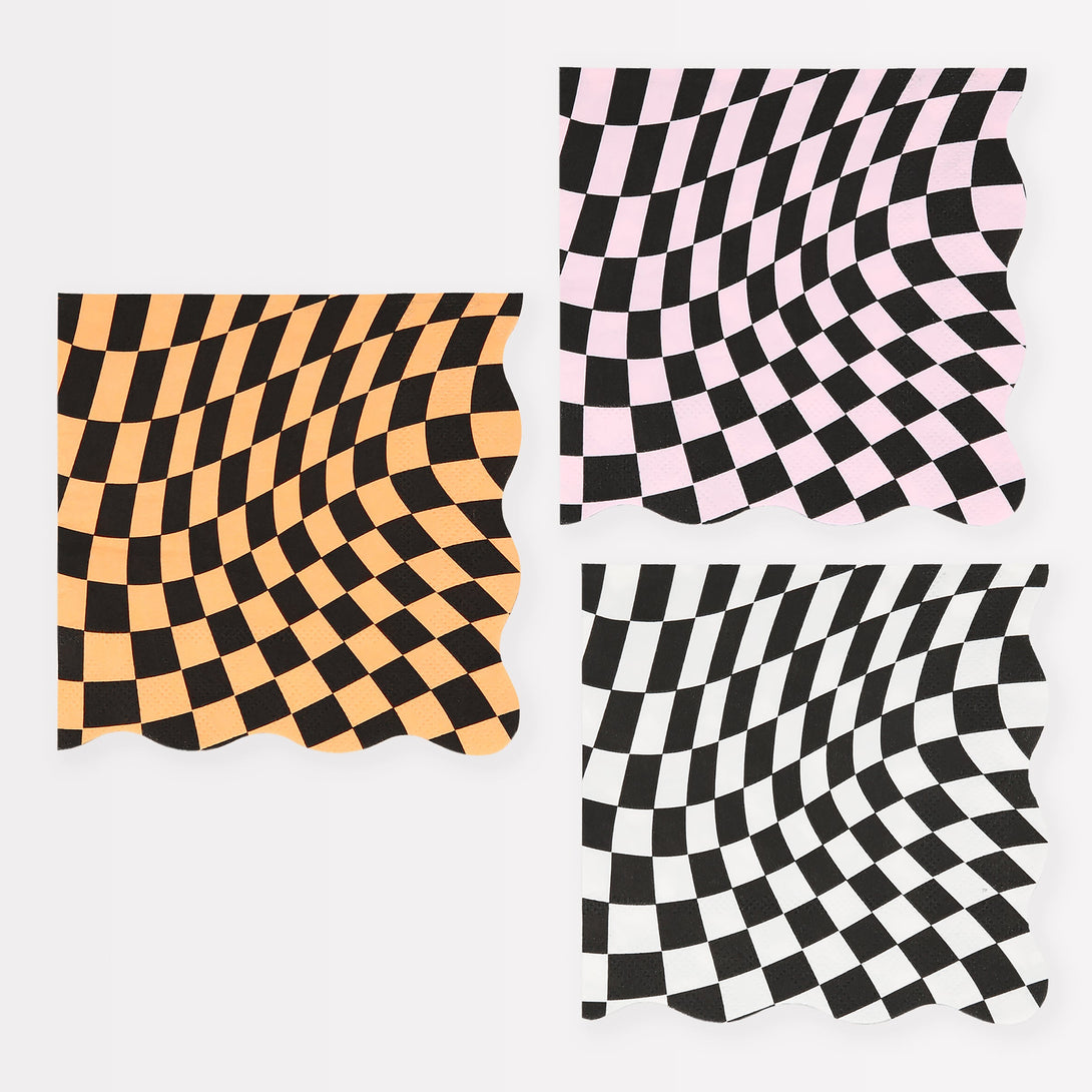 Our party napkins have a swirling black checkered pattern perfect go add to your Halloween party ideas.