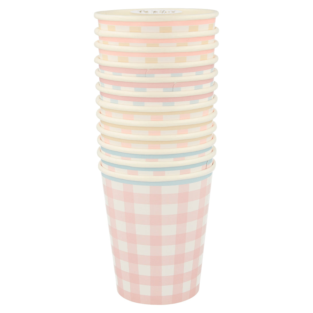 Our paper cups, with a classic gingham print, are perfect as picnic cups.