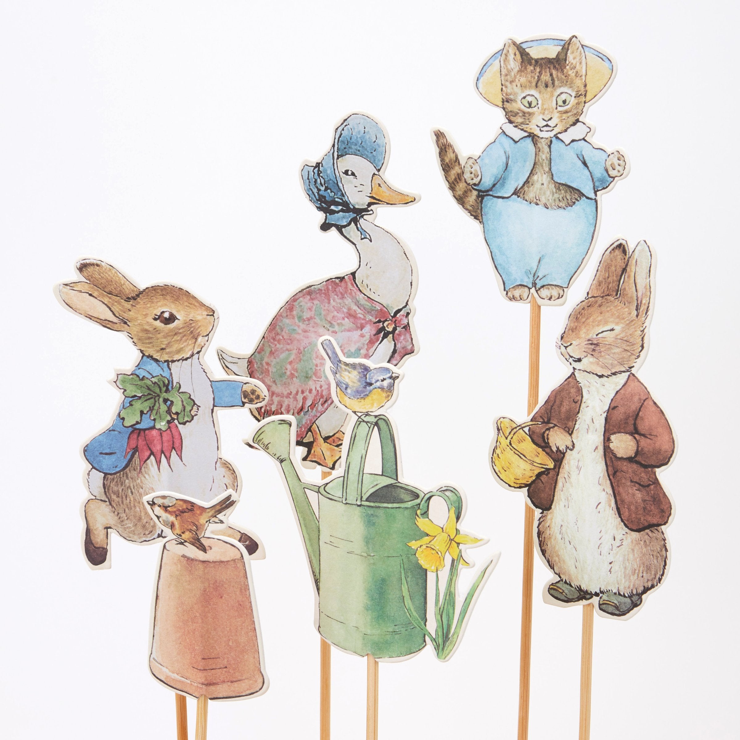 The set has 6 designs, including Peter Rabbit, Tom Kitten, Jemima Puddle-duck, Benjamin Bunny, a watering can, and a  bird.