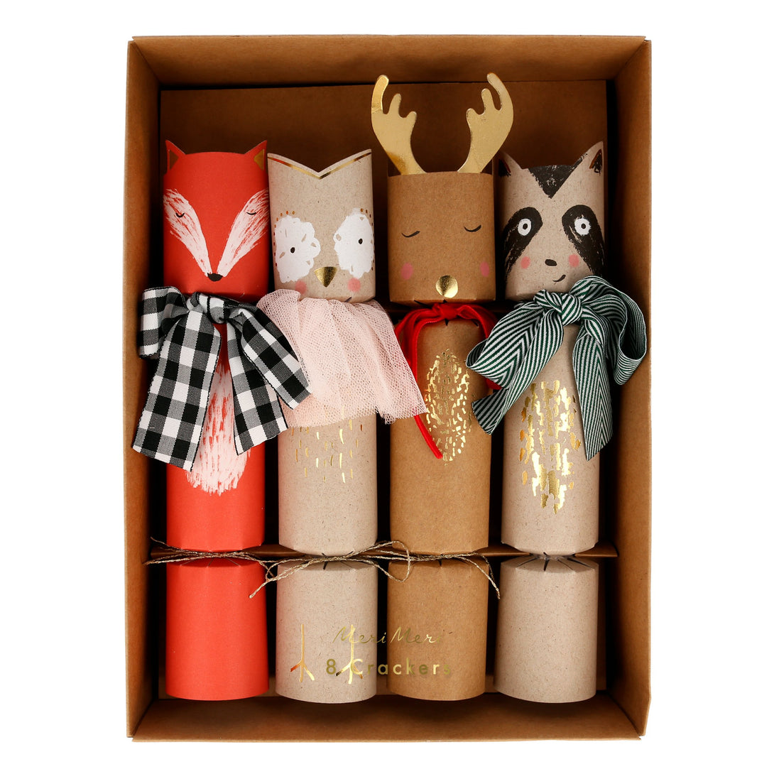 Our woodland animal crackers, with wooden animal gifts, a joke, and a party hat inside ,are really special.