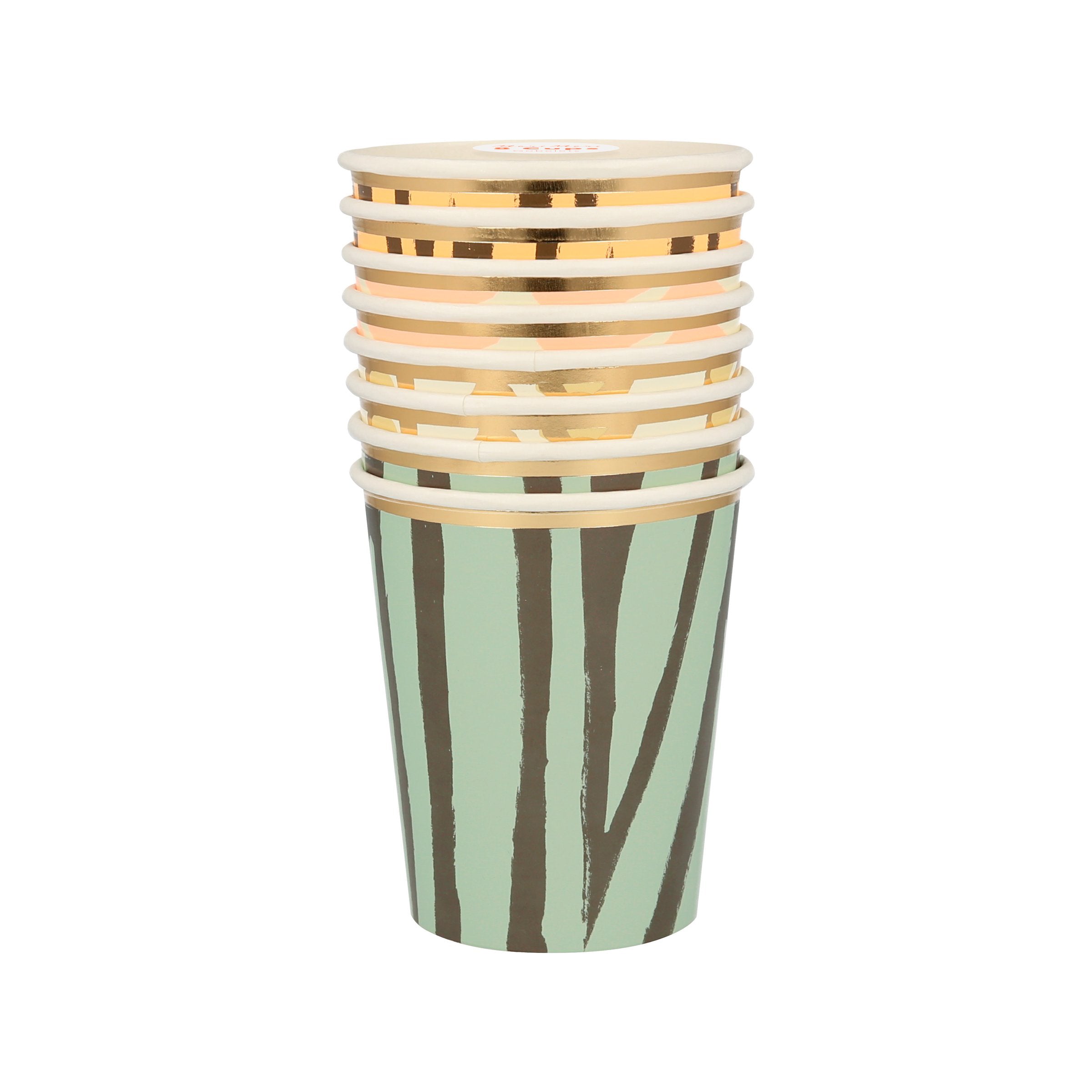 These paper cups feature animal print designs for a safari theme party.