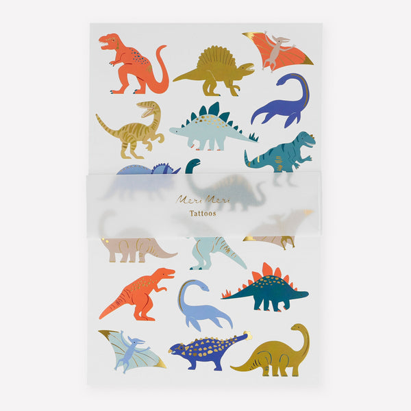 Our cute dinosaur tattoos feature bright colours and shiny gold foil details.