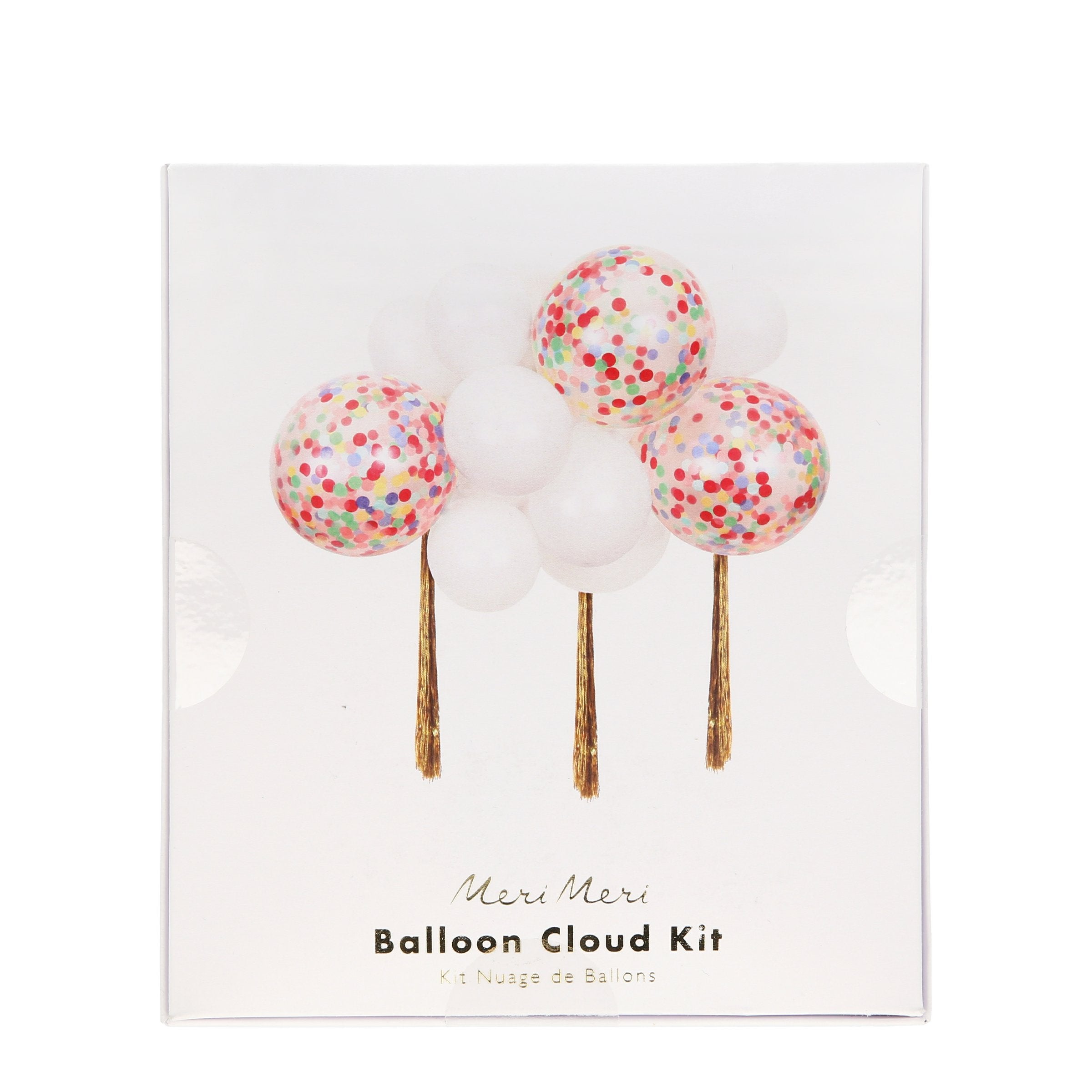 This wonderful balloon cloud kit has 14 balloons, 4 of which are pre-filled with confetti, and three gold streamers.