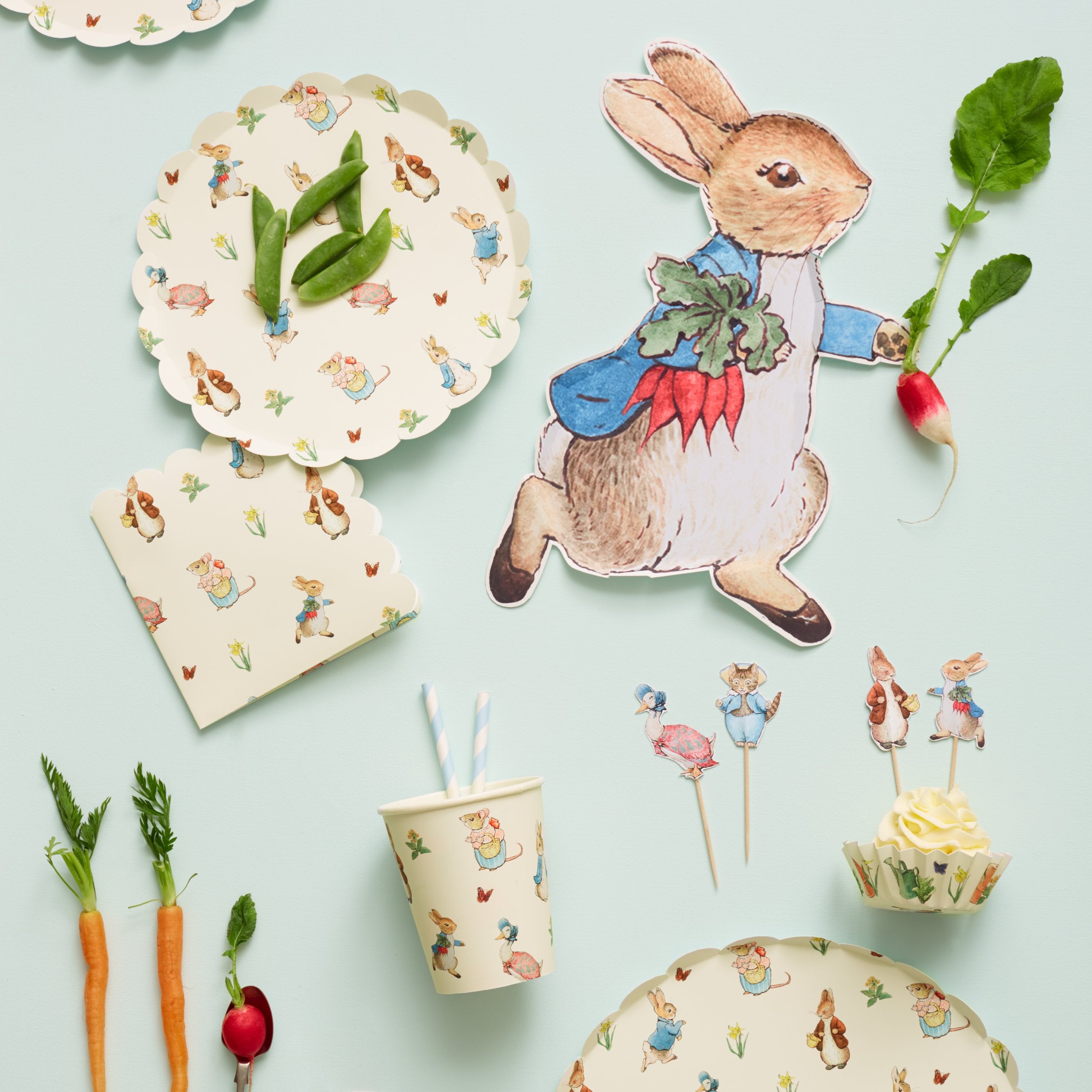 These plates are crafted from high quality paper, in the shape of Peter Rabbit clutching a handful of radishes.