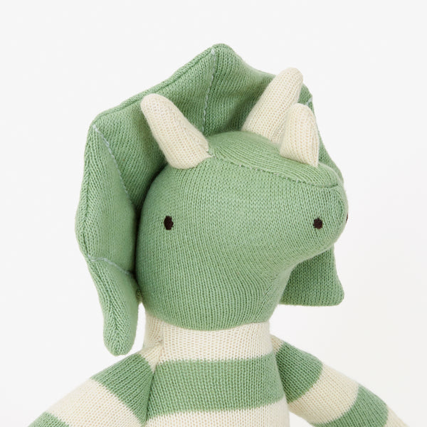 This Triceratops kids soft toy is an organic cotton toy with striped details. Image4