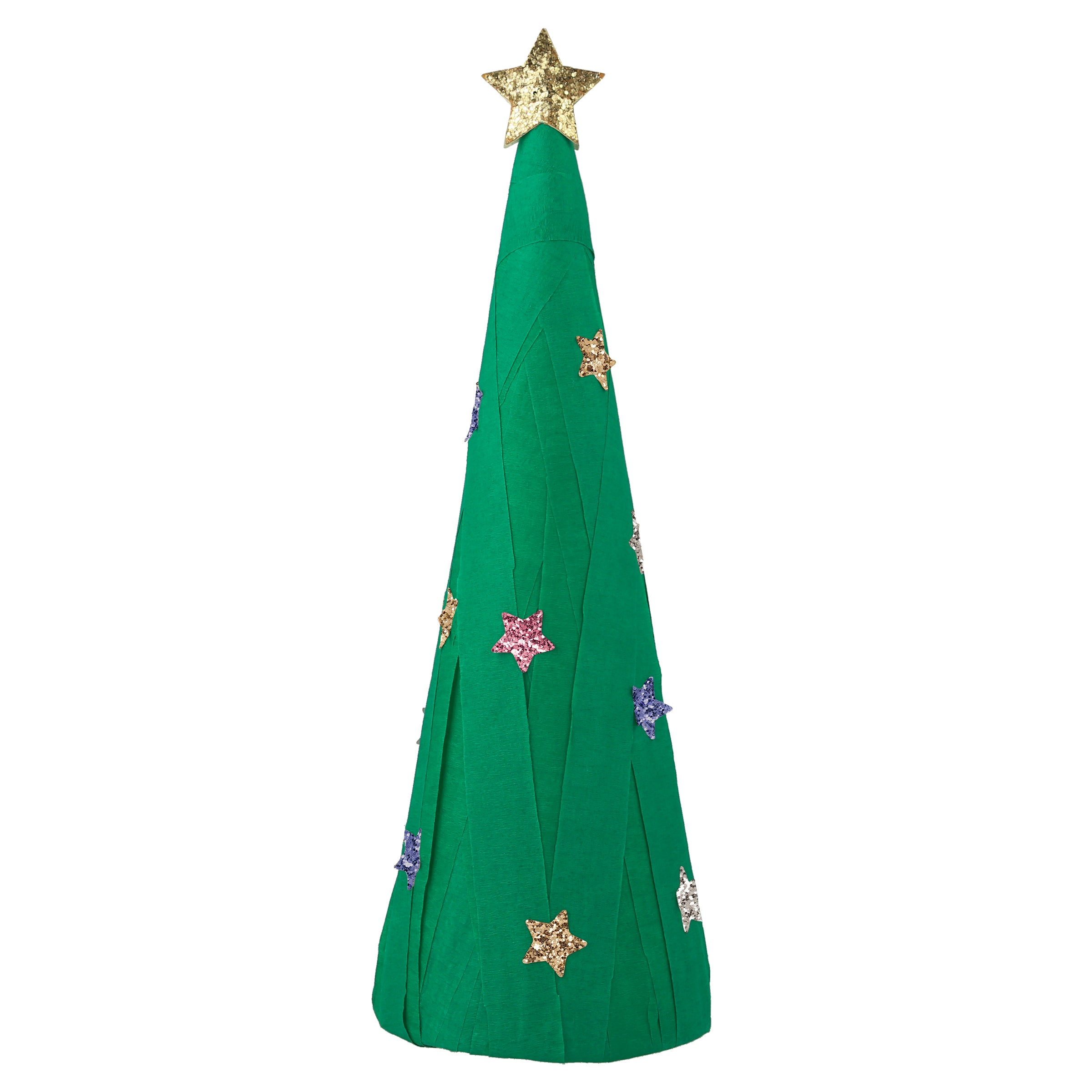 This surprise ball, in the shape of a Christmas tree, contains a necklace, gold party hat, temporary tattoos for kids and stickers for kids.